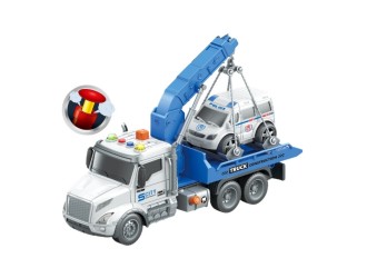 Camion evacuator albastru cu frictiune, buton presiune, sunete si lumini, 1:14, jstoys, ZJA363784