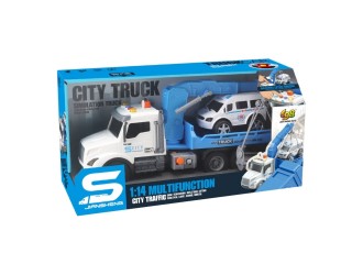 Camion evacuator albastru cu frictiune, buton presiune, sunete si lumini, 1:14, jstoys, ZJA363784