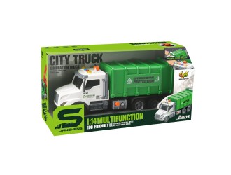 Camion de salubritate verde cu frictiune, buton presiune, sunete si lumini, 1:14, jstoys, ZJA363785