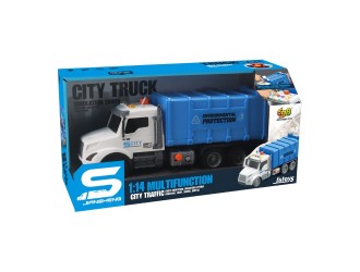 Camion de salubritate albastru cu frictiune, buton presiune, sunete si lumini, 1:14, jstoys, ZJA363786