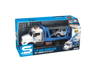 Camion evacuator albastru cu frictiune, buton presiune, sunete si lumini, 1:14, jstoys, ZJA363789