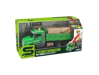 Camion verde cu remorca si containere, frictiune, buton presiune, sunete si lumini, 1:14, jstoys, ZJA363790