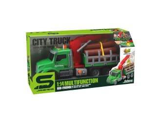Camion transportator lemne cu macara, frictiune, buton presiune, sunete si lumini, 1:14, jstoys, ZJA363791