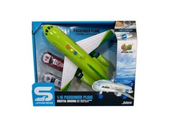 Avion cu frictiune verde si 2 masinute, sunete si lumini, 1:16, jstoys, ZJA347493