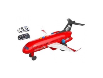 Avion cu frictiune rosu si 2 masinute, sunete si lumini, 1:16, jstoys, ZJA347494