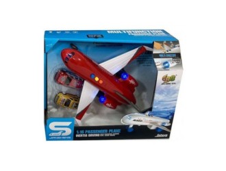 Avion cu frictiune rosu si 2 masinute, sunete si lumini, 1:16, jstoys, ZJA347494