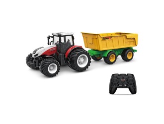 Tractor rosu cu telecomanda 2.4G scara 1:24,  cu remorca galbena, acumulator si lumini, ZJA363070