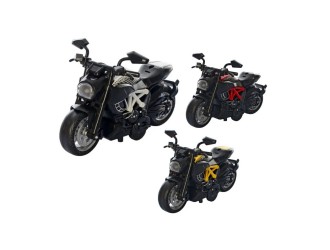 Jucarie Motocicleta neagra cu alb/rosu/galben, 1:14, din metal, cu sunete si lumini, mecanism pull-back, ZJA162819