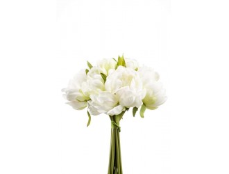 Buchet artificial cu bujori, 8 fire, alb cu verde, 24cm