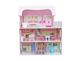 Casuta pentru papusi, din lemn, cu 3 etaje si 8 accesorii mobilier