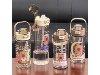 Sticla de apa copii cu capybara, capac cu pai si maner