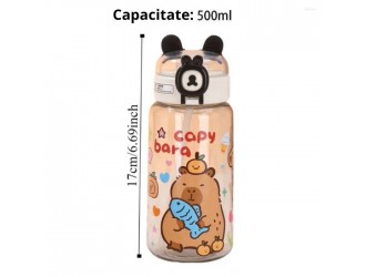 Sticla de apa copii cu capybara, 500 ml, capac si pai
