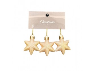 Set 3 decoratiuni de Craciun in forma de stea, auriu-sampanie 4.5x5cm