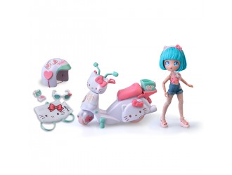 Papusa cu accesorii Pretty Pink pe scuter, cu 15 articulatii, 19,5cm seria Hello Kitty, 4SF Manga Dolls