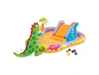 Centru de joaca gonflabil Intex Dino Park, cu tobogan, dus si 6 mingi, 201x157x69 cm, 159 L, max. 54 kg, 2+ ani, cod 56139
