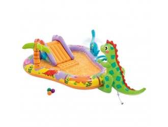 Centru de joaca gonflabil Intex Dino Park, cu tobogan, dus si 6 mingi, 201x157x69 cm, 159 L, max. 54 kg, 2+ ani, cod 56139