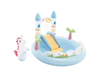Centru de joaca gonflabil Intex Unicorn Castle, cu tobogan, stropitoare si accesorii, 196x178x127 cm, 234 L, max. 54 kg, 2+ ani, cod 56148