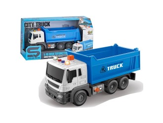 Camion cu remorca, albastru, cu frictiune si buton presiune, sunete si lumini 1:16, JSTOYS, ZJA278609