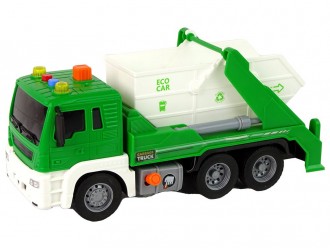 Camion de gunoi verde cu buton presiune, frictiune, sunete si lumini, JSTOYS, ZJA278626