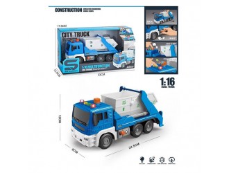 Camion de gunoi albastru cu buton presiune, frictiune, sunete si lumini, JSTOYS, ZJA278627