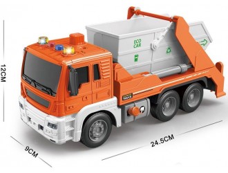 Camion de gunoi portocaliu cu buton presiune, frictiune, sunete si lumini, JSTOYS, ZJA278628