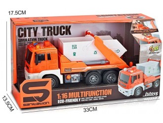Camion de gunoi portocaliu cu buton presiune, frictiune, sunete si lumini, JSTOYS, ZJA278628