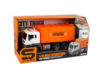 Camion portocaliu autosalubritate cu buton presiune, frictiune, sunete si lumini, 1:16, JSTOYS, ZJA278631
