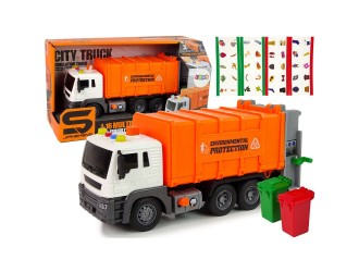 Camion portocaliu autosalubritate cu buton presiune, frictiune, sunete si lumini, 1:16, JSTOYS, ZJA278631