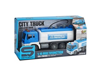 Camion albastru cu cisterna, buton apa, frictiune, sunete si lumini, 1:16, JSTOYS, ZJA278635