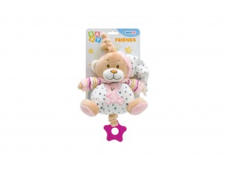 Jucarie muzicala de plus pentru bebelusi Unikatoy Baby Friends Ursulet ROZ, 16 cm, cu snur de tras