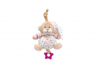 Jucarie muzicala de plus pentru bebelusi Unikatoy Baby Friends Ursulet ROZ, 16 cm, cu snur de tras