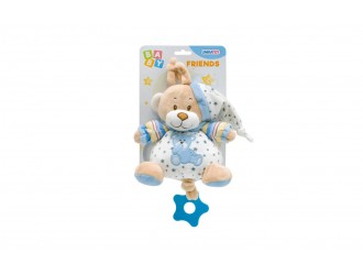Jucarie muzicala de plus pentru bebelusi Unikatoy Baby Friends Ursulet ALBASTRU, 16 cm, cu snur de tras