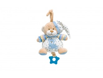 Jucarie muzicala de plus pentru bebelusi Unikatoy Baby Friends Ursulet ALBASTRU, 16 cm, cu snur de tras