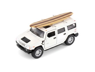 Macheta auto metalica 2005 Hummer H2 SUT cu placa de surf Kinsmart KT5097WS1, scara 1:40, cu usi care se deschid, Alb