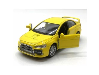 Macheta auto metalica 2008 Mitsubishi Lancer Evolution X Kinsmart KT5329W, scara 1:36, cu usi care se deschid, Galben