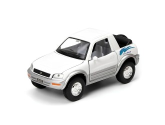 Macheta auto metalica Toyota RAV4 Cabrio Kinsmart KT5011W, scara 1:32, cu usi care se deschid, Alb
