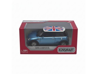 Macheta auto metalica Mini Cooper S cu steagul Marii Britanii Kinsmart KT5059WFB, scara 1:28, cu usi care se deschid, Albastru