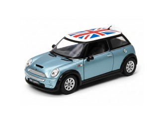 Macheta auto metalica Mini Cooper S cu steagul Marii Britanii Kinsmart KT5059WFB, scara 1:28, cu usi care se deschid, Albastru
