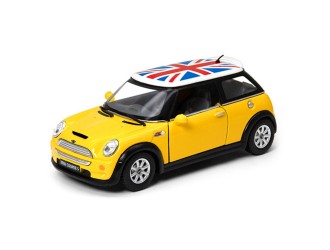 Macheta auto metalica Mini Cooper S cu steagul Marii Britanii Kinsmart KT5059WFB, scara 1:28, cu usi care se deschid, Galben