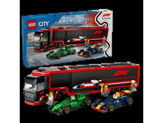 Set de constructie LEGO City 60445 Camion F1 cu masinile RB20 si AMR24, jucarie de construit