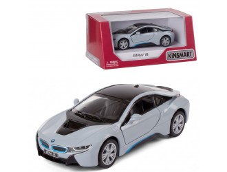 Macheta auto metalica BMW i8 Kinsmart KT5379W, scara 1:38, cu usi care se deschid, Gri deschis