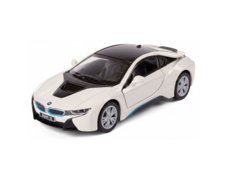 Macheta auto metalica BMW i8 Kinsmart KT5379W, scara 1:38, cu usi care se deschid, Alb