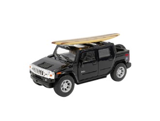Macheta auto metalica 2005 Hummer H2 SUT cu placa de surf Kinsmart KT5097WS1, scara 1:40, cu usi care se deschid, Negru