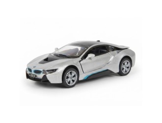 Macheta auto metalica BMW i8 Kinsmart KT5379W, scara 1:38, cu usi care se deschid, Gri deschis