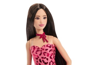 Papusa Barbie Fashionistas cu par negru, rochie roz cu imprimeu leopard