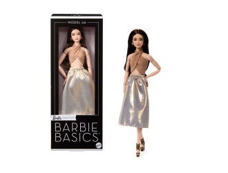 Papusa de colectie Barbie Signature Basics Model 06, bruneta, tinuta aurie, corp articulat,