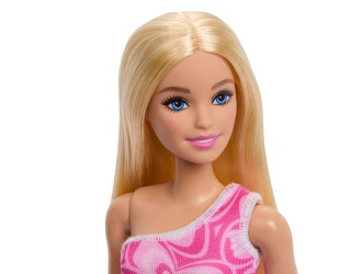 Papusa Barbie blonda cu rochie mini roz cu imprimeu si pantofi, in asortiment