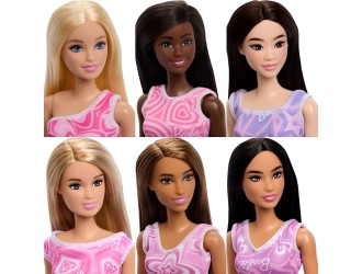 Papusa Barbie blonda cu rochie mini roz cu imprimeu si pantofi, in asortiment