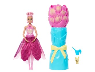 Papusa Barbie Petal Pop Pink Tulip, parfumata, rochie roz lalea, iepuras si accesorii surpriza