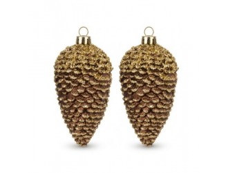 Set 2 conuri decorative de Craciun maro si auriu cu sclipici, ornamente brad suspendabile